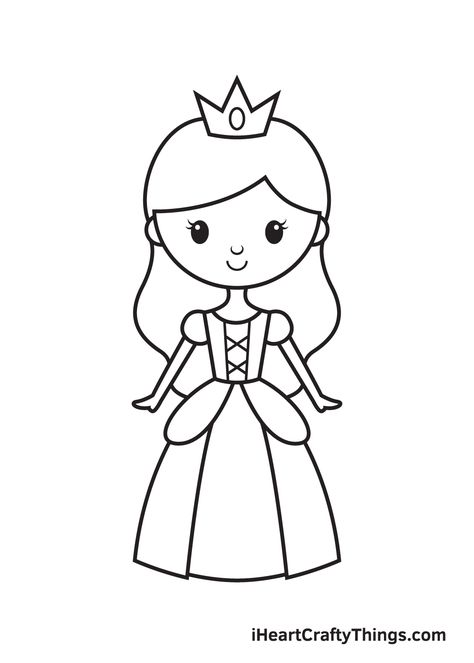 Princess Outline Drawing, Princess Simple Drawing, Cute Easy Princess Drawings, How To Draw Something Easy, Cartoon Princess Drawings, How To Draw A Queen, Simple Princess Drawing, Easy Drawing Princess, Cute Princess Drawings Easy