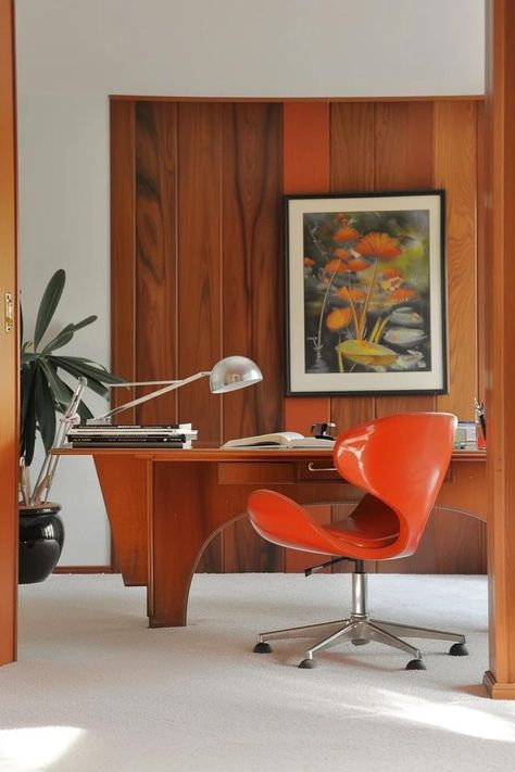 Mid Century Home Office: Style &amp; Functionality Office Midcentury Modern, 70s Style Office, Mid Century Office Space, Mid Century Home Office Ideas, Mcm Office Decor, Art Deco Office Interior, 70s Interior Design Retro, Mid Century Home Office, 60s Office