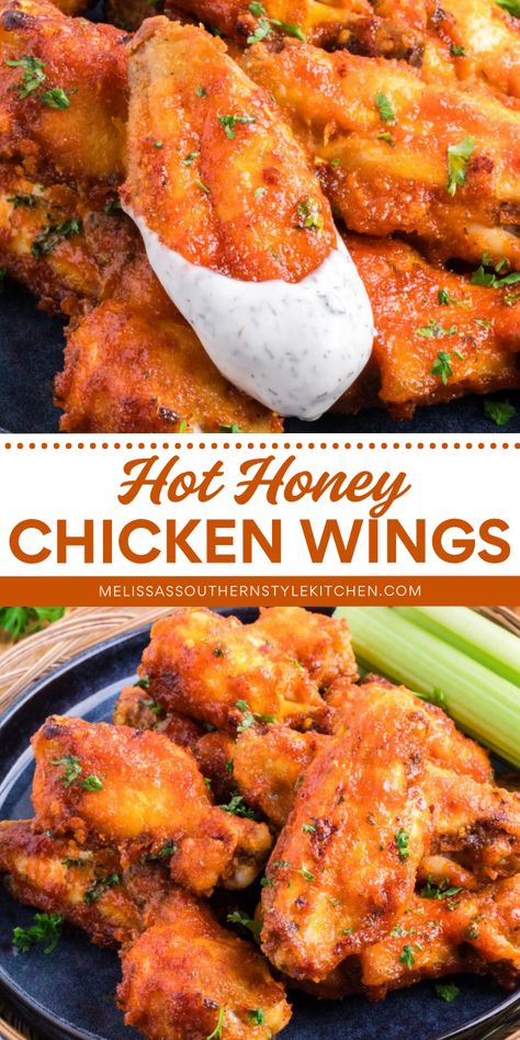 Looking for the perfect wings recipe? Look no further! These Hot Honey Chicken Wings are crispy, flavorful, and easy to make. Try them out and impress your friends at your next game day party. Oven baking, air fryer and deep frying instructions included! Hot Honey Wings Air Fryer, Deep Fried Hot Wings Recipe, Hot Honey Garlic Wings, Honey Garlic Chicken Wings Air Fryer, Wings Sides Ideas, Hot Honey Wings Recipes, Baked Wings Oven Crispy, Best Air Fryer Wings, Honey Hot Wing Sauce