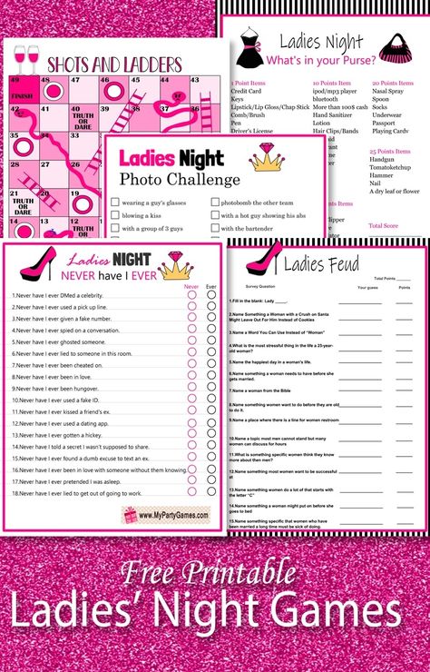 Free Printable Ladies' Night Games Fun Activities For Ladies Night, Ladies Night Games Activities, Girls Night Games Black People, Ladies Night Games Free Printable, Christmas Ladies Night Ideas, Ladies Game Night Ideas, Ladies Night Ideas Themes, Shots And Ladders, Girls Night Games Ideas