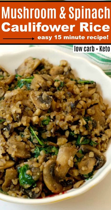 Mushroom Spinach Cauliflower Rice, Spinach Cauliflower Rice, Spinach Cauliflower, Stylish Cravings, Cauliflower Rice Easy, Mushroom Spinach, Tummy Yummy, Sides Recipes, Cauliflower Rice Recipes