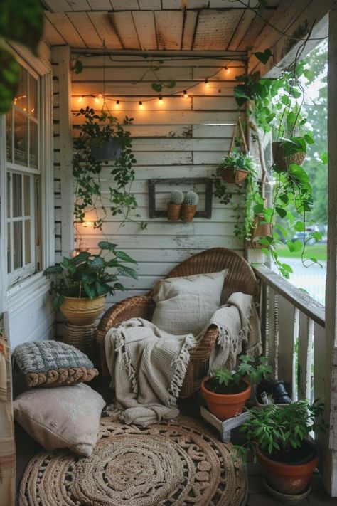 Hygge Front Porch, Cottagecore Porch Aesthetic, Cozy Cabin Porch, Small Narrow Porch Decorating Ideas, Sun Porch Decor, Witchy Balcony Ideas, Shabby Chic Porch Ideas, Cozy Porch Ideas Covered Patios, Enclosed Porch Ideas Small Cozy