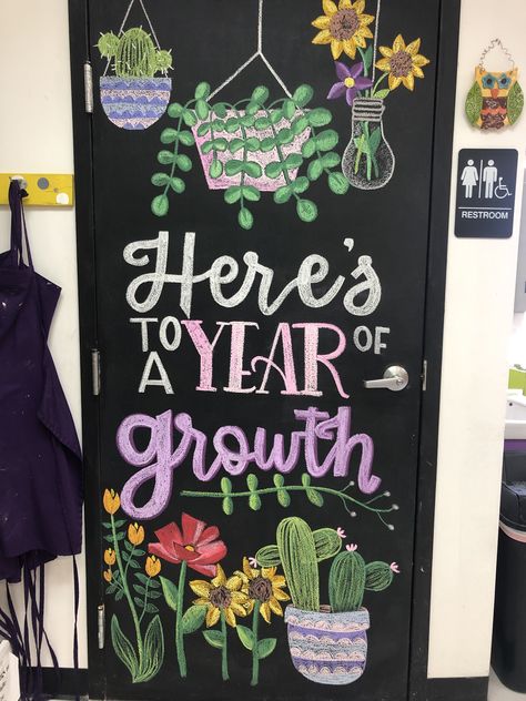 new year’s chalkboard with quote about growth and plants Chalkboard Art Ideas, Plants Classroom, Year Of Growth, School Door Decorations, Classroom Makeover, School Doors, Elementary Classroom Decor, Chalkboard Designs, Door Decorations Classroom