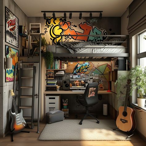 Creative Studio Space: A cozy, well-organized artist's studio with a loft bed, inspiring wall art, and musical instruments. #studio #artist #loft #bed #guitar #wall art #desk #workspace #aiart #aiphoto #stockcake https://ayr.app/l/v1zr Loft Bed Music Studio, A Loft Bed, Desk Workspace, Creative Studio Space, Guitar Wall Art, Earthy Home, Artist Loft, Loft Lighting, Studio Artist