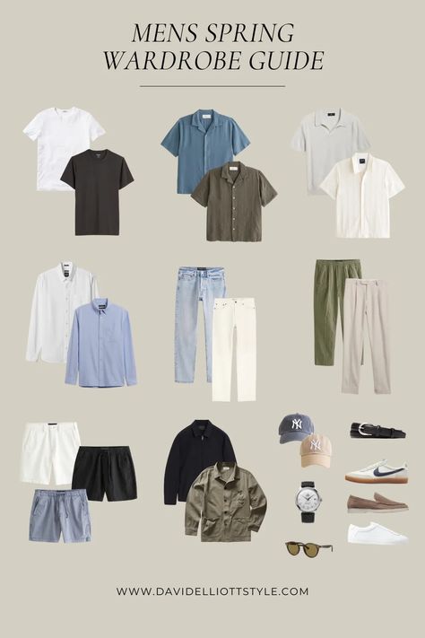 Men's Spring Wardrobe Guide for Spring and Summer!     Mens Spring Style - Mens Spring Fashion - Johnny Collar Polo - Mens Sweater Polo - Adidas Kill Shot - Linen Pants - Pull on Pants - Linen Shorts - Oxford Shirt - Camp Collar Shirt Outfit Ideas Summer For Men, Men’s Capsule Wardrobe Summer Europe, Closet Essentials Men, Calm Aesthetic Clothes, Men Summer Capsule, Paris Summer Fashion Men’s, Summer Wardrobe Men, Men's Fashion Capsule Wardrobe, Linen Pants Outfit Men Casual