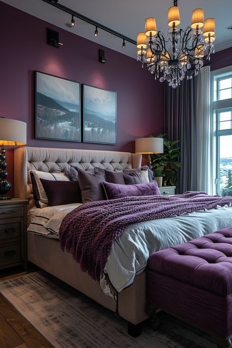 Womens Bedroom Color Schemes, Bedroom Ideas Dark Purple, Purple And Navy Bedroom Ideas, Purple Gold Black Bedroom, Grey Plum Bedroom, Plum And Cream Bedroom, Plum Color Palette Master Bedrooms, Plum Purple Bedroom, Tiny Bedroom Color Ideas