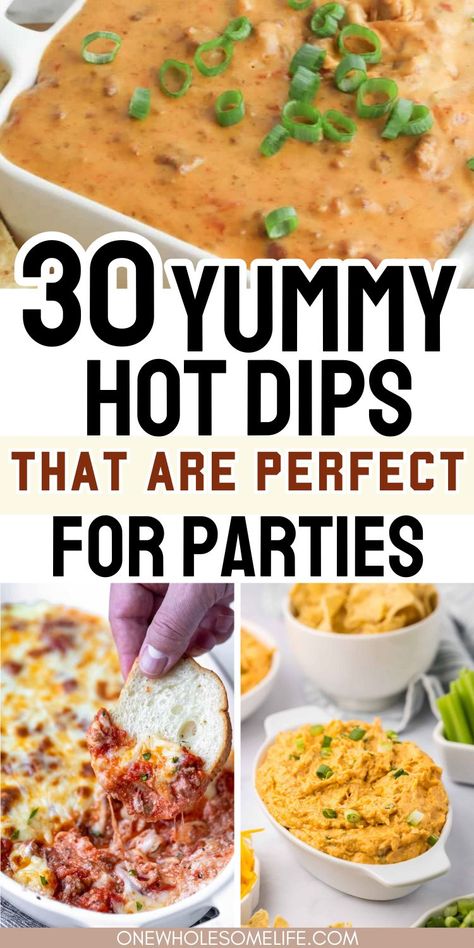 Hot dips recipes. Easy party appetizers with cream cheese, with chicken, for a Christmas party, and in a crock pot. Party Dips For Large Crowds, Crock Pot Dip Recipes For Parties, Easy Cheap Dips Appetizers, Velvets Dips Appetizers, Birthday Party Crockpot Food, Dips With Cheese, Hot Cheese Appetizers, Hot Chili Cheese Dip, Small Crock Pot Dips