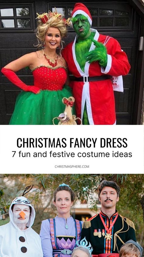 the best Christmas fancy dress outfit ideas for couples, families and friends. Never be stuck for party inspiration with these awesome ideas from the Grinch to Withnail and I- find out more! CHRISTMASPHERE.COM #christmasfancydress #fancydress #partyideas #partythemes Womens Christmas Costume, Diy Xmas Outfit, Xmas Theme Outfits, Xmas Couple Outfit, Family Christmas Dress Up Ideas, Christmas Party Funny Outfit, Christmas Dressup Ideas Fun, Christmas Dressup Ideas, Christmas Party Couples Outfit