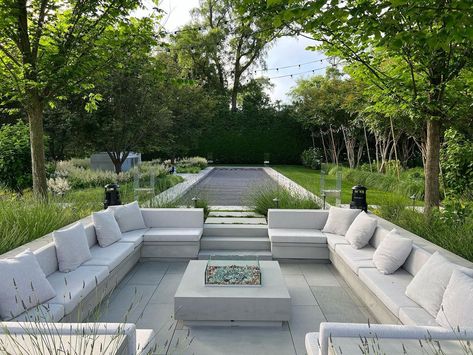 Ed Hollander on Instagram: “Evening entertainment area with sunken fire pit, bocci and bar #hollanderdesign #evening #fun #landscape #firepit #landscapedesign…” Sunken Pit Outdoor, Square Sunken Fire Pit With Seating, Backyard Sitting Area With Fire Pit, Built In Fire Pit Seating, Sunken Fire Pits With Seating, Sunk In Fire Pit, In Ground Fire Pit With Seating, Sunken Patio Ideas, Sunken Seating Area Garden