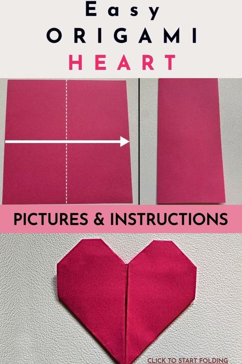 Learn how to make an easy origami heart. This can be made in just a few minutes and is a fun craft for kids! Folding Paper Into A Heart, How To Fold Origami Heart, Origami Hearts Tutorial, Folding Hearts Paper, How To Fold Heart Paper, Things To Fold With Paper, Heart Shaped Origami, Small Origami Hearts, Easy Origami Heart Tutorial