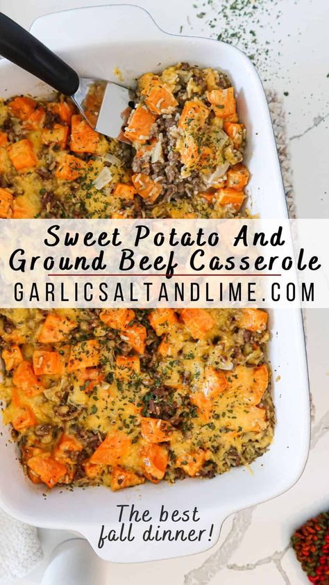 This cheesy, sweet potato ground beef casserole recipe is very easy to make. It's delicious & the ultimate, healthy-ish comfort food. The whole family will love this tasty meal. It's especially perfect for cold fall & winter nights when you need a hot meal to warm your home. This recipe makes a lot & leftovers are good for meal prep. Eat them for lunch or dinner the next day! I love packing a piece of casserole to heat up at the office, especially when I'm tired of sandwiches & craving hot ... Potato Ground Beef Casserole, Sweet Potato Ground Beef, Potato Ground Beef, Ground Beef Casserole Recipes, Healthy Ground Beef, Beef Casserole Recipes, Ground Beef Casserole, Dinner With Ground Beef, Fall Dinner Recipes