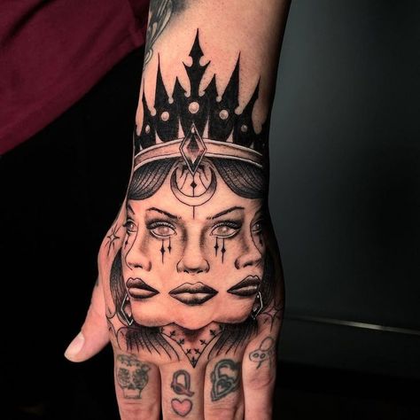 Hecate the goddess of magic and spells in Greek mythology, hand tattoo by Alex Ortiz, an artist based in Anaheim, California. Hecate Hand Tattoo, 3 Faced Goddess Tattoo, Greek God Hand Tattoo, Goddess Of Chaos Tattoo, Mythology Hand Tattoo, Greek Mythology Hand Tattoos, Greek Goddess Sleeve, Greek Goddesses Tattoo, Goddess Hand Tattoo