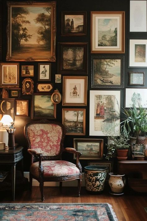 "Transform your walls with the timeless charm of a Vintage-Inspired Gallery Wall! 🖼️🕰️ Mix and match frames, art, and memorabilia for a personalized look. 🌿✨ #VintageWallArt #HomeDecor #GalleryInspiration" Maximalist Gallery Wall Stairs, Musician Gallery Wall, Bedroom With Art Wall, Stacked Photos On Wall, Antique Pictures On Wall, Massive Gallery Wall, Gold Frame Gallery Wall Family Photos, Modern And Vintage Gallery Wall, Ornate Picture Frames On The Wall