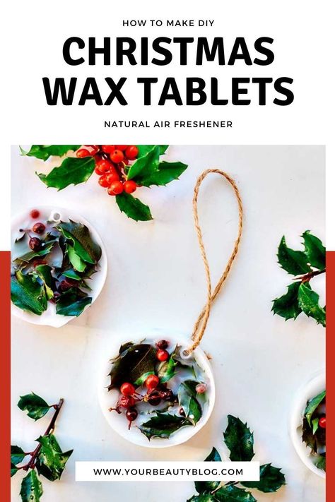 How to make a Christmas wax tablet with fresh holly and essential oils. This DIY essential oil air freshener gives off a light scent. You can hang it on a tree, in a bathroom, or place in a drawer to freshen the air and lightly scent it. It's made with beeswax and soy wax. This natural air freshener recipe is so pretty, and it has a light Christmas scent. #christmas #diy #essentialoils Wax Ornaments Diy Christmas, Wax Car Freshener Diy, Holiday Air Freshener Diy, Soy Wax Air Freshener, Aroma Wax Sachet, Wax Air Freshener, Pinecone Fire Starters, Air Freshener Recipes, Wintergreen Essential Oil