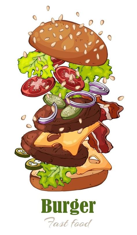 Illustrations on the fast food theme burger Burger Drawing, Pick Nick, Burger Vector, Food Illustration Design, Burger Food, Food Illustration Art, Food Graphic Design, Cute Food Drawings, Cute Food Art