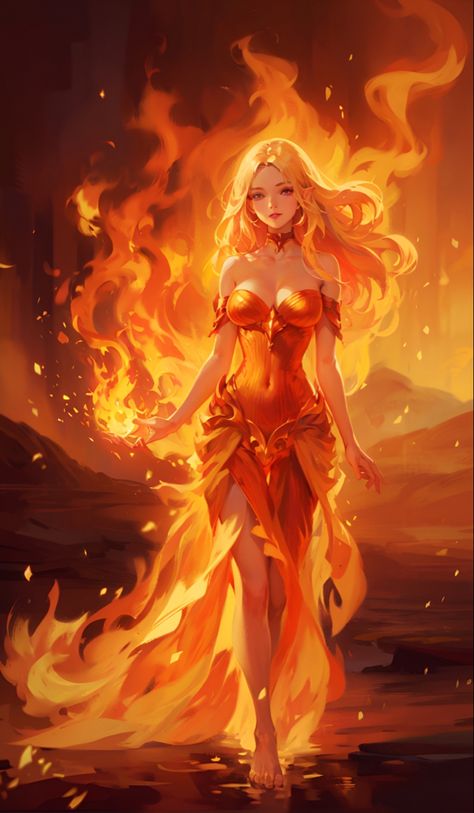 Female Fire Elemental, Fire Elemental Character Design, Full Body Paintings Female Art, Fire Elemental Female, Fire Goddess Art, Fire Element Outfit, Goddess Of Fire, Fire Elemental, Fire Princess