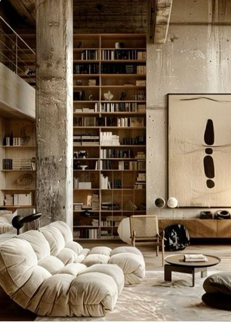 Industrial Beige Living Room, Dark Earthy Interior, Brutalist Living Room, Black And Beige Aesthetic, Cheap Couches, White Library, Brutalist Interior, Interior Design Renderings, Loft Interior Design