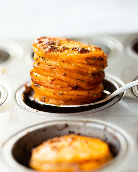 Garlic Butter Sweet Potato Stacks, Sweet Potato Stacks, Cheesy Bacon Potatoes, Potato Stacks, Chris Collins, Bacon Potato, Cheesy Bacon, Recipe Sweet, Muffin Tray