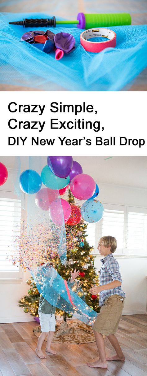 Family New Year's Eve Idea: DIY Balloon Drop - Modern Parents Messy Kids #newyearseve #newyears #newyearsDIY #kidsnewyears #kidsnewyearseve Diy Ball Drop New Years For Kids, Diy Balloon Drop Easy, Balloon Drop New Years Eve, Diy Balloon Drop, Nye Kids, Family New Years Eve, New Year's Eve Crafts, Kids New Years Eve, New Year's Eve Activities