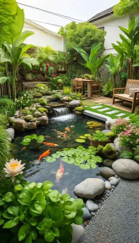 Fish Pond Landscaping, Koi Pond Flowers, Zen Koi Pond, Indoor Coy Pond, Backyard Ponds Small Garden Waterfall, Home Pond Ideas, Garden Design Pond, Fish Ponds Backyard Small Gardens, Waterfall Ideas Backyard