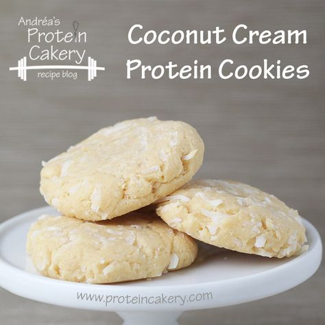 Coconut Cream Protein Cookies!  Andréa’s Protein Cakery high protein recipes - gluten free, low carb, coconut cookies Protein Sweets, Protein Cookie Recipes, Quest Protein, Coconut Protein, Protein Baking, High Protein Desserts, Healthy Protein Snacks, Protein Cake, Protein Treats