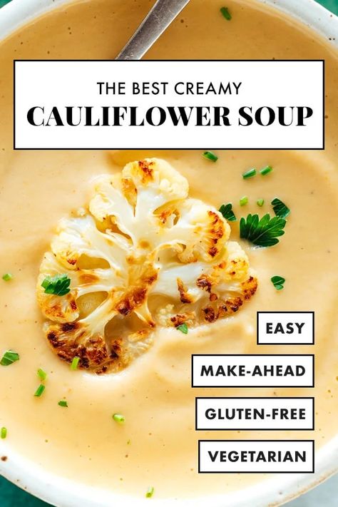 This cauliflower soup recipe is the BEST! Roasted cauliflower makes it taste amazing, and a little butter makes it luxuriously creamy, without adding any cream. It's perfect with sandwiches, salads and more. #cauliflowersoup #creamysoup #vegetarian #cauliflowerrecipe #cookieandkate Best Roasted Cauliflower, Cauliflower Soup Recipe, Cookie And Kate, Creamy Cauliflower Soup, Roasted Cauliflower Soup, Cauliflower Soup Recipes, Creamy Cauliflower, Cauliflower Soup, Creamy Soup