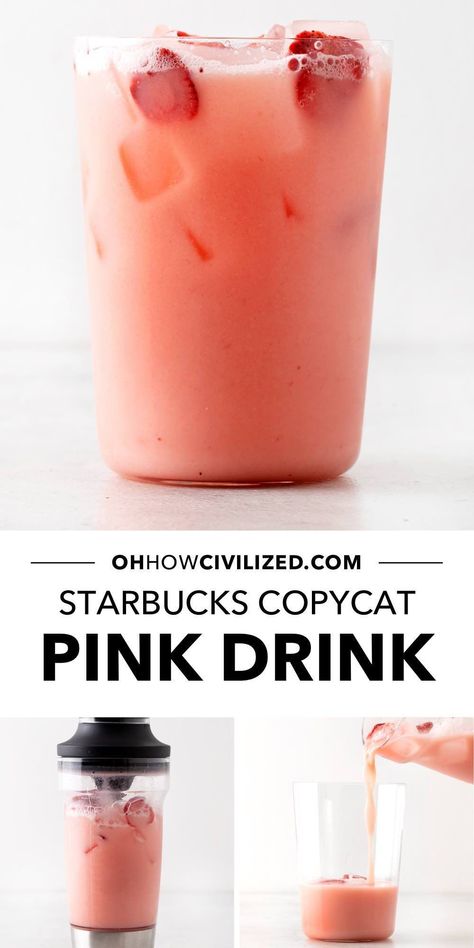 Strawberry Starbucks Drink, Pink Drink Copycat, Pink Drink Recipe, Starbucks Pink Drink Recipe, Pink Drink Starbucks, Coconut Milk Drink, Homemade Starbucks, Starbucks Pink Drink, Pink Drink Recipes