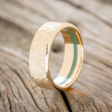 HAMMERED WEDDING BAND WITH OFFSET MALACHITE LINING Men Wedding Bands Unique, Gold And Wood Ring, Vintage Male Wedding Rings, Men’s Hammered Wedding Band, Men’s Popular Wedding Bands, Unique Mens Wedding Ring, Man Promise Ring, Simple Mens Wedding Bands, Men's Engagement Bands