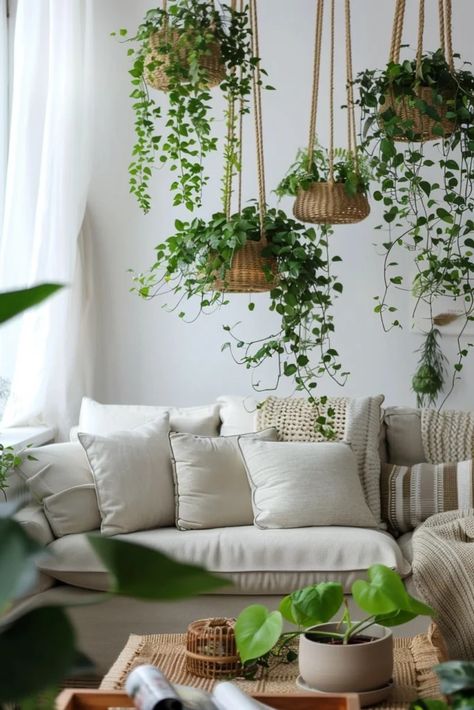 Décorez votre maison avec des plantes suspendues Bar To Hang Plants, Hanging Plant In Kitchen, Corner Hanging Plant Living Rooms, Arranging Indoor Plants Living Rooms, Hanging Plants Corner, Corner Hanging Plant, Hanging Plant Ideas Indoor, Plants In Corner Of Living Room, Plant Styling Ideas