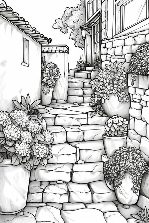 Cozy Coloring Pages, Colouring Pages For Adults, Sam Bailey, Terraced Garden, Free Adult Coloring Printables, Peaceful Garden, Garden Coloring, Garden Coloring Pages, Adult Coloring Books Printables