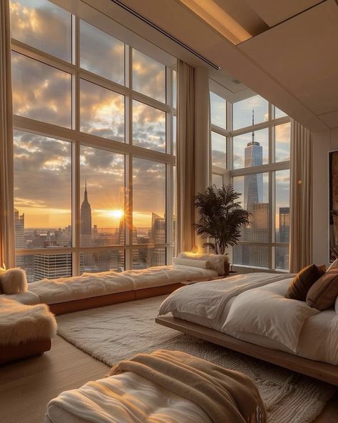 Bedroom With Open Balcony, Penthouse Master Suite, Glass Apartment Aesthetic, Window Bedroom Aesthetic, Hotel Room Vibes, Nyc Penthouse Aesthetic, Bedrooms With A View, Luxury Penthouse Bedroom, Dream Apartment Aesthetic