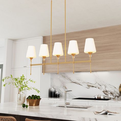 Mercer41 Datron 5-Light White Glass Shade Dimmable Modern Farmhouse Linear Chandelier Pendant Light Fixture | Wayfair Modern Dining Room Light, Modern Dining Room Light Fixtures, Linear Light Fixture, Modern Dining Room Lighting, Dining Room Chandelier Modern, Dining Room Light Fixture, Gold Pendant Lighting, Kitchen Pendant, Foyer Entryway