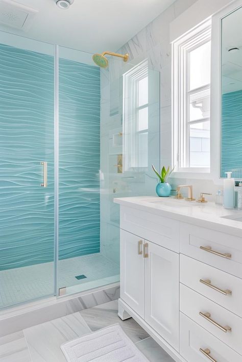 40 Coastal Bathroom Ideas: Transform Your Space into a Seaside Oasis Beachy Bathroom Tile, Bathroom Coastal Modern, Bathroom Design Coastal, Coastal Bathroom Shower Tile Ideas, Beach House Shower Tile Ideas, Florida Bathroom Ideas, Coastal Small Bathroom Ideas, Small Stand Up Shower Ideas, Turquoise Bathroom Ideas