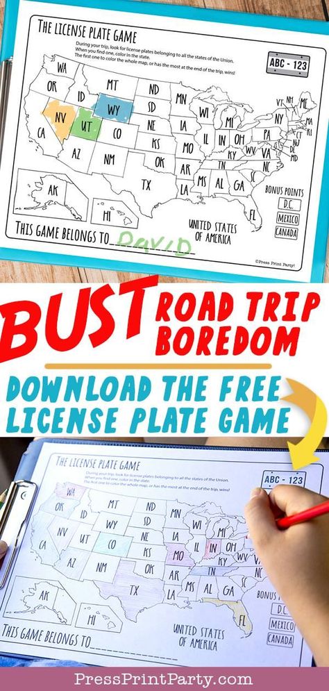 License plate game free printable download - game for road trips License Plate Game Printable, License Plate Game, Printable Road Trip Games, Flamingo Party Supplies, Road Trip Printables, Cat Themed Parties, Movie Themed Party, Road Trip Activities, Printable Ideas