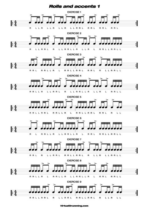 Drum sheet music lesson Rolls and accents 1 Marching Snare Drum, Drum Rudiments, Drum Tuning, Learn Drums, Percussion Music, Drum Notes, Writing Songs Inspiration, Drum Patterns, Music Theory Lessons