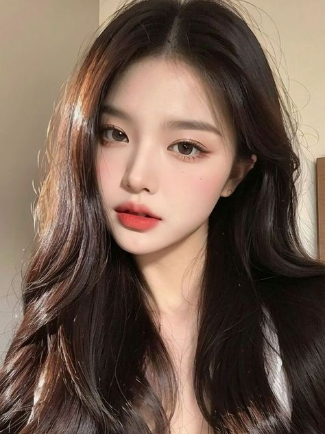 winter Korean makeup: soft nude coral Douyin Hairstyles, Makeup Ala Korea, Ulzzang Aesthetic, Makeup Douyin, V Shape Face, Korean Makeup Look, Korea Girl, Winter Hair Color, Chic Hairstyles