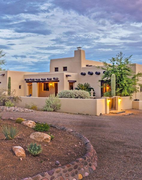 Arizona Ranch Style Homes, Southwestern Exterior House, Small Desert Home Exterior, Adobe Desert House, Arizona House Exterior Spanish Style, Two Story Adobe House, Adobe Revival Home Exterior, Adobe Exterior House, Dessert Home Exterior