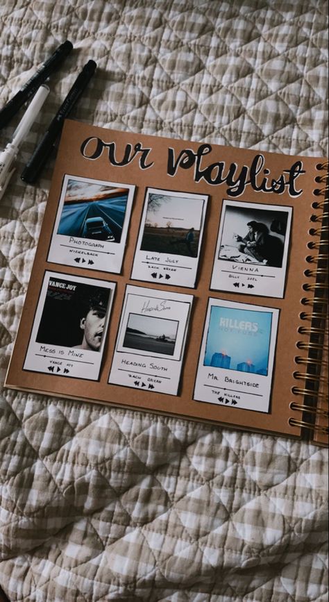 Relationship Album Ideas, Our Playlist Scrapbook, Boyfriend Photo Album Ideas, Adventure Book Scrapbook Ideas, Playlist Scrapbook Page, Bestie Scrapbook Page Ideas, Picture Scrapbook Ideas For Boyfriend, Boyfriend Album Ideas, Photo Book Ideas For Boyfriend