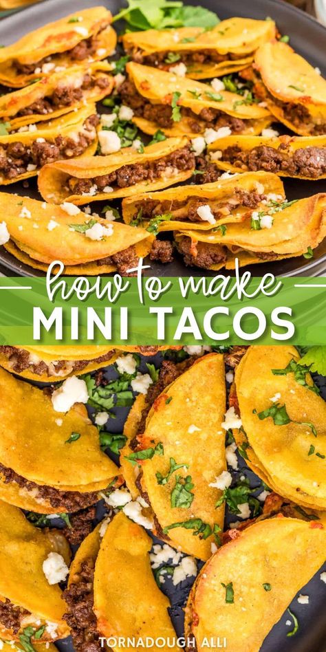 With minimal time and ingredients, these Mini Tacos are a fun and easy dinnertime recipe that the whole family goes crazy for! These Mini Tacos are an easy dinnertime or appetizer recipe that takes minimal ingredients and time. They are baked so they are super greasy from a deep fryer and have a simple taco mixture inside with cheese. They are baked so they are greasy from a deep fryer and have a simple taco mixture inside with cheese. Save this incredible recipe! Cinco De Mayo Taco Recipes, Taco Meat Appetizer Ground Beef, Jack In The Box Mini Tacos Recipe, Mini Beef And Cheese Tacos, Mini Taco Pizza, Small Tacos Recipes, Mini Taco Recipes, Tortilla Chip Mini Tacos, Crispy Mini Tacos