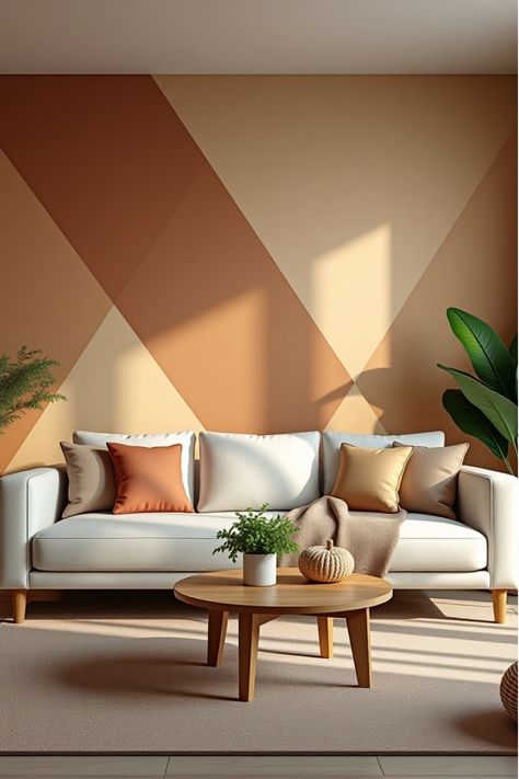 Serene living room with painted geometric feature wall Asymmetrical Painted Wall, Living Area Paint Ideas, Eclectic Accent Wall, Paint Design Ideas For Walls, Graphic Accent Wall, Wall Painting Living Room Modern, Geometric Pattern Wall Design, Simple Living Room Accent Wall, Boho Wall Painting Ideas Living Room