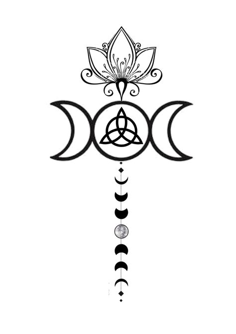 Wiccan Spine Tattoos, Triple Moon Triquetra Tattoo, Witch Aesthetic Black And White, Wicca Symbols Tattoo, Good Witch Tattoo Ideas, Wiccan Tattoos For Women Pagan Symbols, Simple Witchy Tattoos For Women, Witchy Tatoos Ideas, Hecate Tattoo Ideas