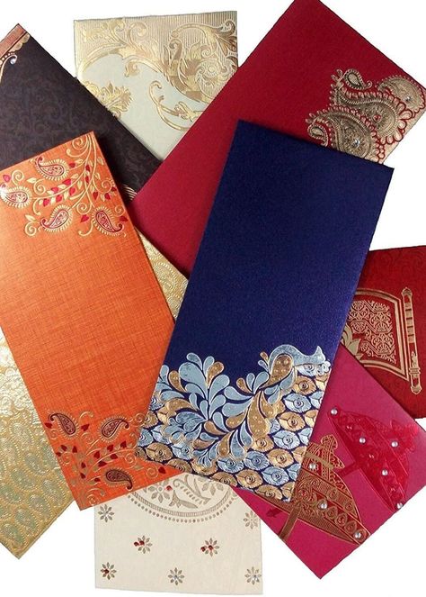 This amazing Indian design style of luxurious envelope is perfect for an indian themed wedding. Premium, exclusive Hand Made Beautifully Designed envelope with vibrant Royal Color with Golden Sparkling & Art Work on Glossy Paper. This unique great fit to indian wedding invite like wedding invitations and engagement party invites. A fancy indian chic envelope is a stunning idea for themed wedding stationary. Fancy Envelopes Weddings, Wedding Envelope Design Indian, Money Envelope Design Wedding, Money Envelope Design, Envelope Design Ideas, Wedding Envelopes Handwritten, Wedding Envelope Design, Wedding Envelopes Design, Money Packet