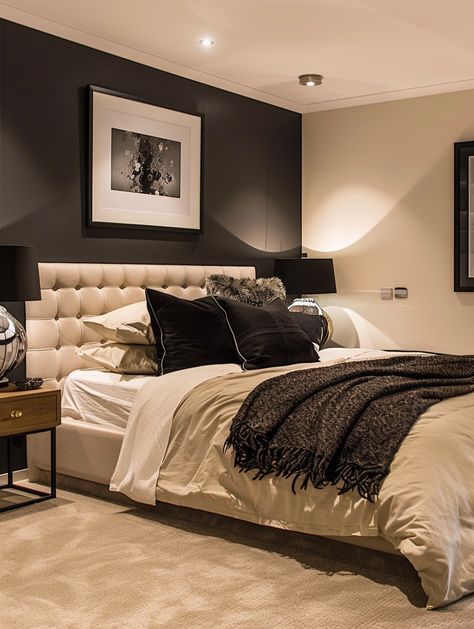 Beige And Black Bed Set, Beige And Black Bedroom Ideas Glam, Black And Oatmeal Bedroom, Black And Cream Master Bed, Black And Tan Bedroom Decor, Bedroom Ideas Black And Beige, Cozy Colors For Bedroom, Beige Black Bedroom Ideas, Black Beige Gold Bedroom