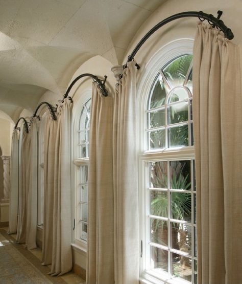 arched window curtain rod - Arch Window Curtains To Choose Depend On What You Want To Achieve In The Room – Best Design for Room Half Circle Window, Arched Window Coverings, Half Moon Window, Curtains For Arched Windows, Curved Curtain Rods, Arched Window Treatments, Palladian Window, Window Treatments Ideas, Window Curtain Rods