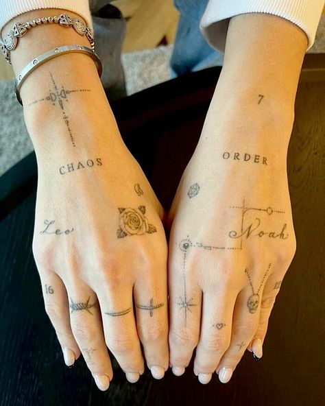 Aesthetic Tattoos Women Back, Minimalist Fonts Tattoo, Sleep Tattoo, Back Of Hand Tattoos, Chaos Tattoo, Small Words Tattoo, Phrase Tattoos, Tattoos Infinity, Hand And Finger Tattoos