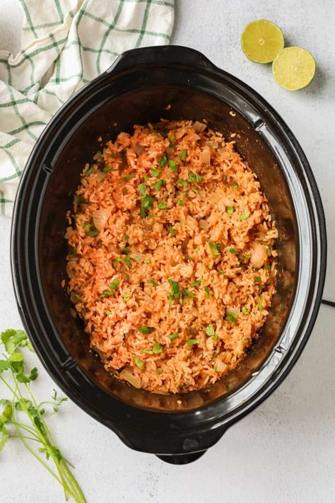 Crockpot Mexican Rice Mexican Rice Crockpot, Slow Cooker Mexican Rice, Rice Cooker Mexican Rice, Rice In Crockpot, Easy Crockpot Recipes Healthy, Slow Cooker Mexican, Mexican Rice Casserole, Mexican Rice Recipes, Gluten Free Sides Dishes