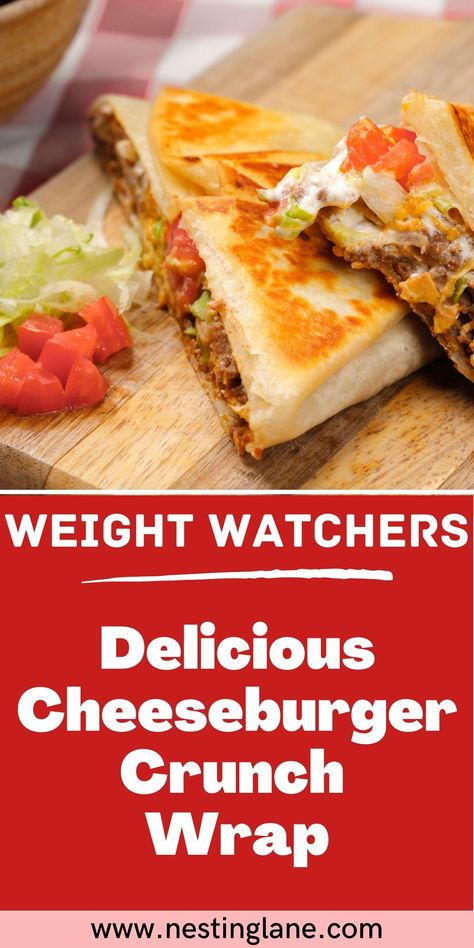 Satisfy your cravings with this delicious Weight Watchers Cheeseburger Crunch Wrap recipe! Made with wholesome ingredients, this wrap packs a delicious punch. The crispy toasted tortilla, juicy beef, melted cheese, and fresh veggies make for a winning combination. Perfect for a quick lunch or dinner, this recipe is sure to become a family favorite. Get the full recipe now and enjoy a guilt-free cheeseburger experience! MyWW Points: 2 Green Plan, 2 WW Smart Points. Cheeseburger Crunch Wrap, Crunch Wrap Recipe, Toasted Tortilla, Weight Watchers Food Points, Weight Watchers Meals Dinner, Weight Watchers Lunches, Weight Watchers Meal Plans, Crunch Wrap, Weight Watchers Recipes Desserts