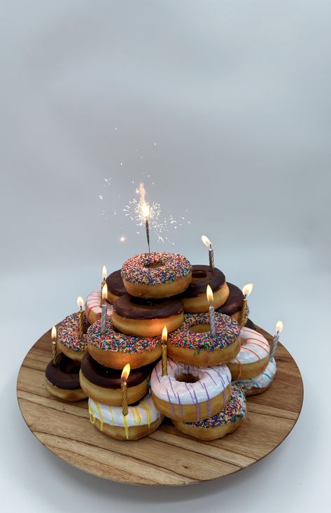 Donut Stacked Cake, Mini Donut Birthday Cake Tower, Cake Made Of Donuts Birthday, Donut Birthday Tower, Donught Cake, Tower Donut Cake, Party Donut Display, Stacked Donut Cake Birthday, Donut Display Birthday