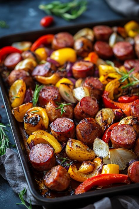 Roasted sausage slices with bell peppers and onions on a baking sheet. Kielbasa Bake, Kielbasa Sausage Recipes For Dinner, Teriyaki Kielbasa, Baked Kielbasa And Potatoes, German Kielbasa Recipes, Baked Kielbasa, Sausage Dog Recipes, Fall Kielbasa Recipes, Sausage Kabasa Recipes