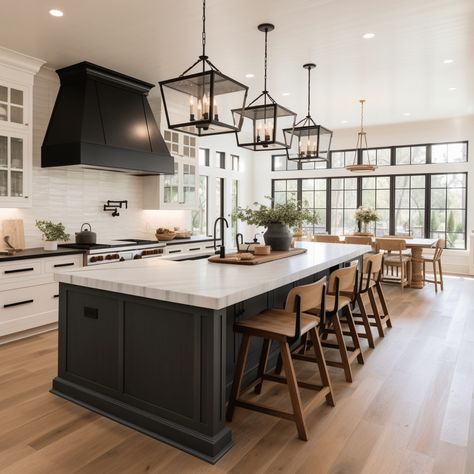 Kitchen Countertop Island, Black Island White Cabinets Farmhouse, Kitchen Island Painted Black, Bottom Of Island Ideas, Large Center Island Decor, Interior Design Kitchen With Island, Darker Island In Kitchen, Kitchen Chairs For Island, Off White Kitchen Cabinets With Black Island